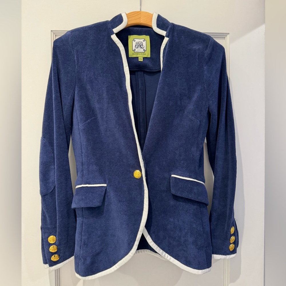 Elizabeth McKay navy terry blazer/ white trim and gold buttons. Size XS.